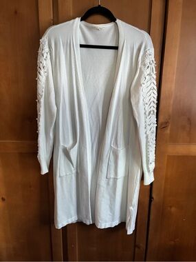 Ember Open-Front White Women's Cardigan with Lace Sleeve Detail & Pockets #116